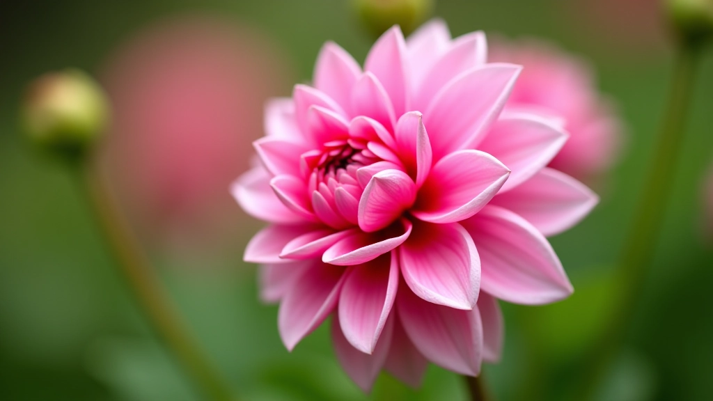 Dalia — rožinė gėlė su daugeliu sluoksnių žiedlapių, botaninis vaizds, detali šviesa