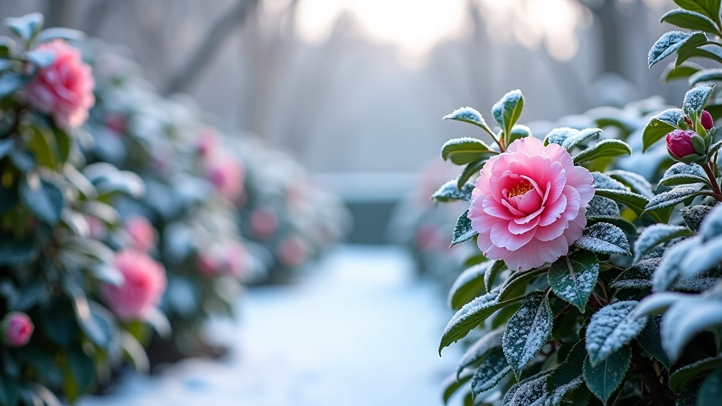 Žieminės žydintys augalai sniego fone — camelias ir viburnum